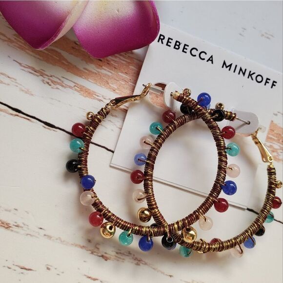 Rebecca Minkoff Multicolor Sea Glass & Gold Tone Accent Beaded Hoop Earrings - Picture 2 of 4